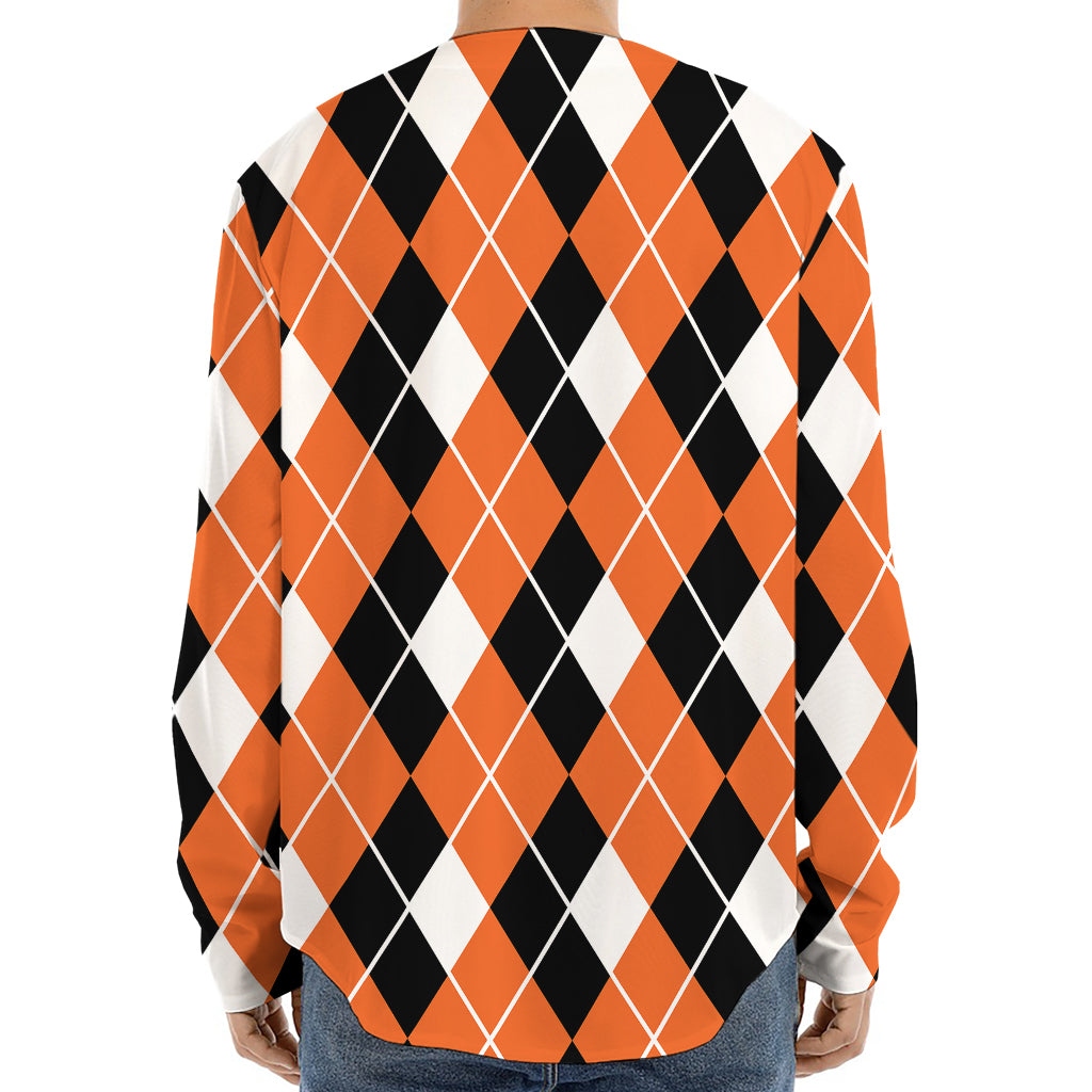 Orange White And Black Argyle Print Long Sleeve Baseball Jersey