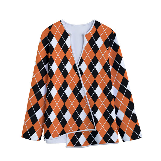 Orange White And Black Argyle Print Long Sleeve Short Coat