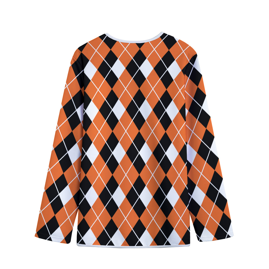 Orange White And Black Argyle Print Long Sleeve Short Coat