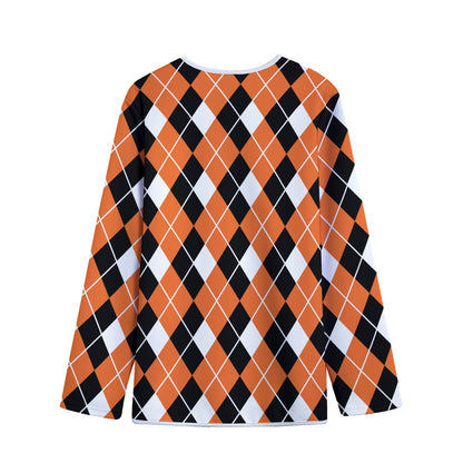 Orange White And Black Argyle Print Long Sleeve Short Coat