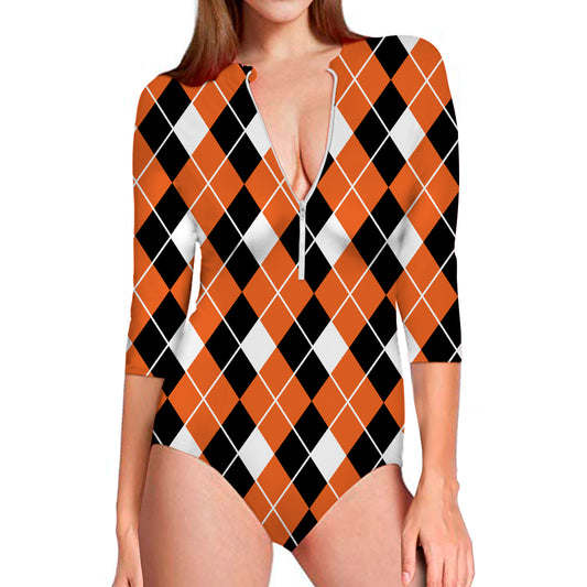 Orange White And Black Argyle Print Long Sleeve Swimsuit