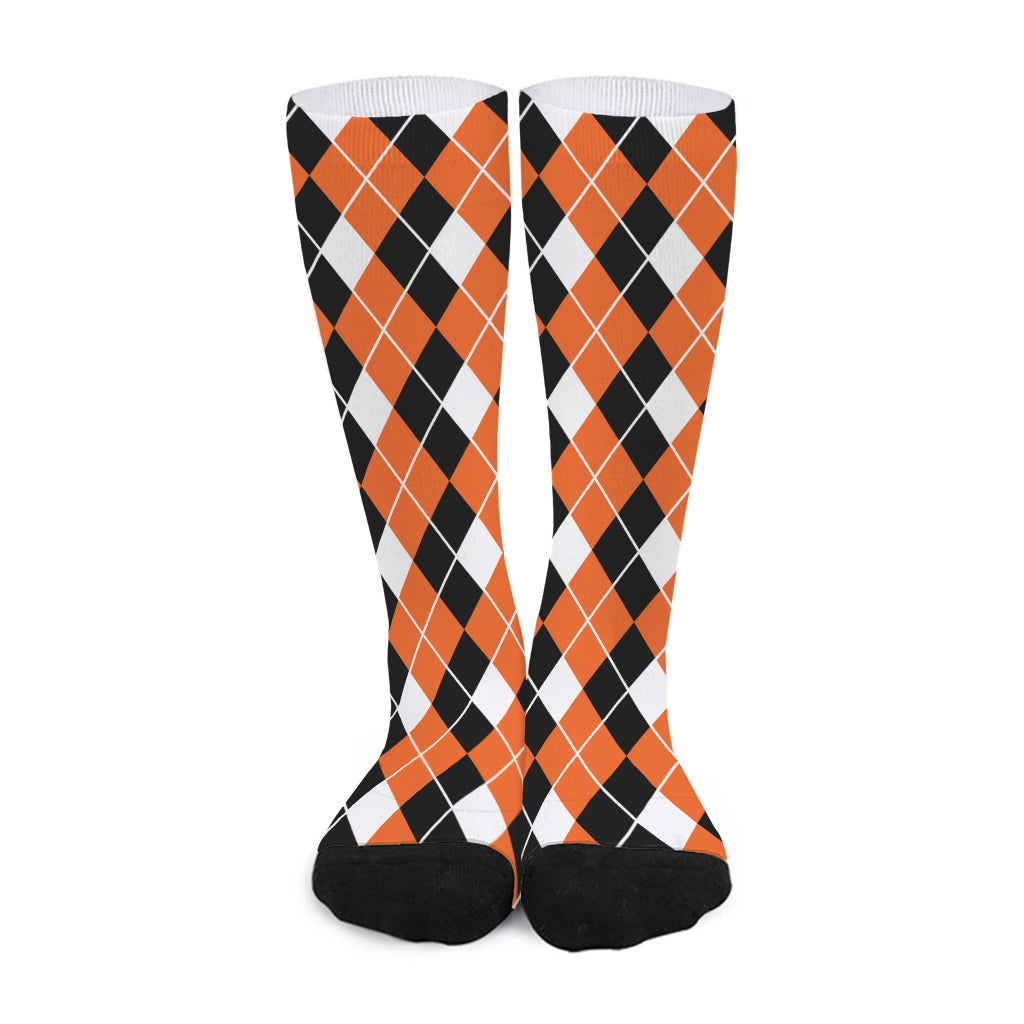 Orange White And Black Argyle Print Long Socks