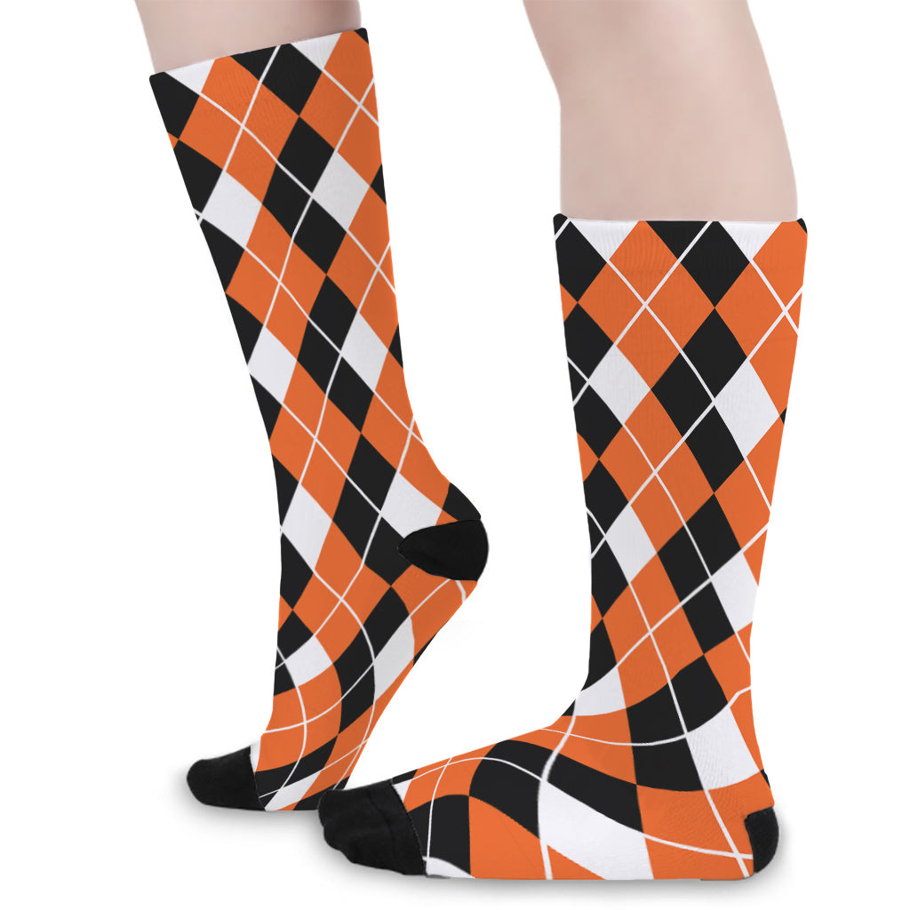 Orange White And Black Argyle Print Long Socks