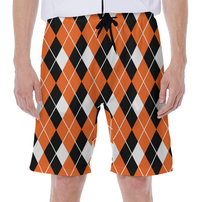 Orange White And Black Argyle Print Men's Beach Shorts