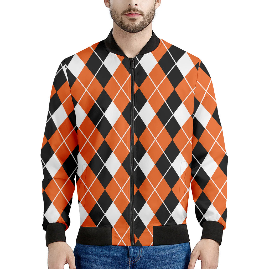 Orange White And Black Argyle Print Men's Bomber Jacket
