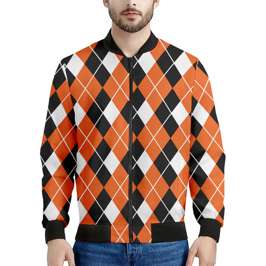 Orange White And Black Argyle Print Men's Bomber Jacket