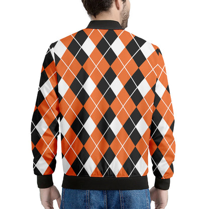 Orange White And Black Argyle Print Men's Bomber Jacket