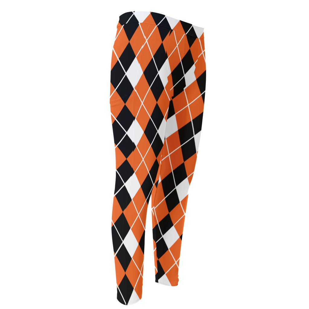 Orange White And Black Argyle Print Men's Compression Pants