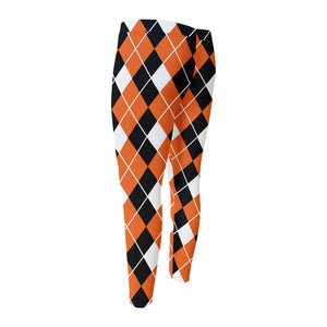 Orange White And Black Argyle Print Men's Compression Pants