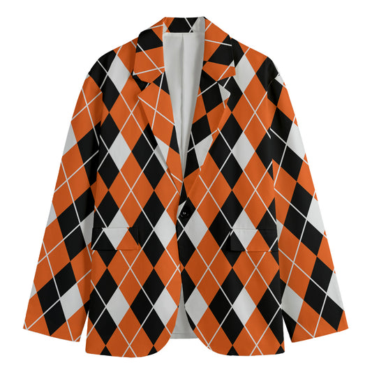 Orange White And Black Argyle Print Men's Cotton Blazer