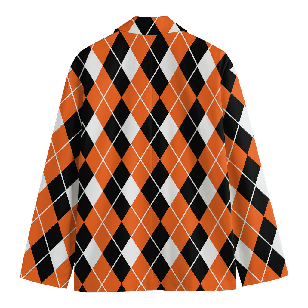 Orange White And Black Argyle Print Men's Cotton Blazer