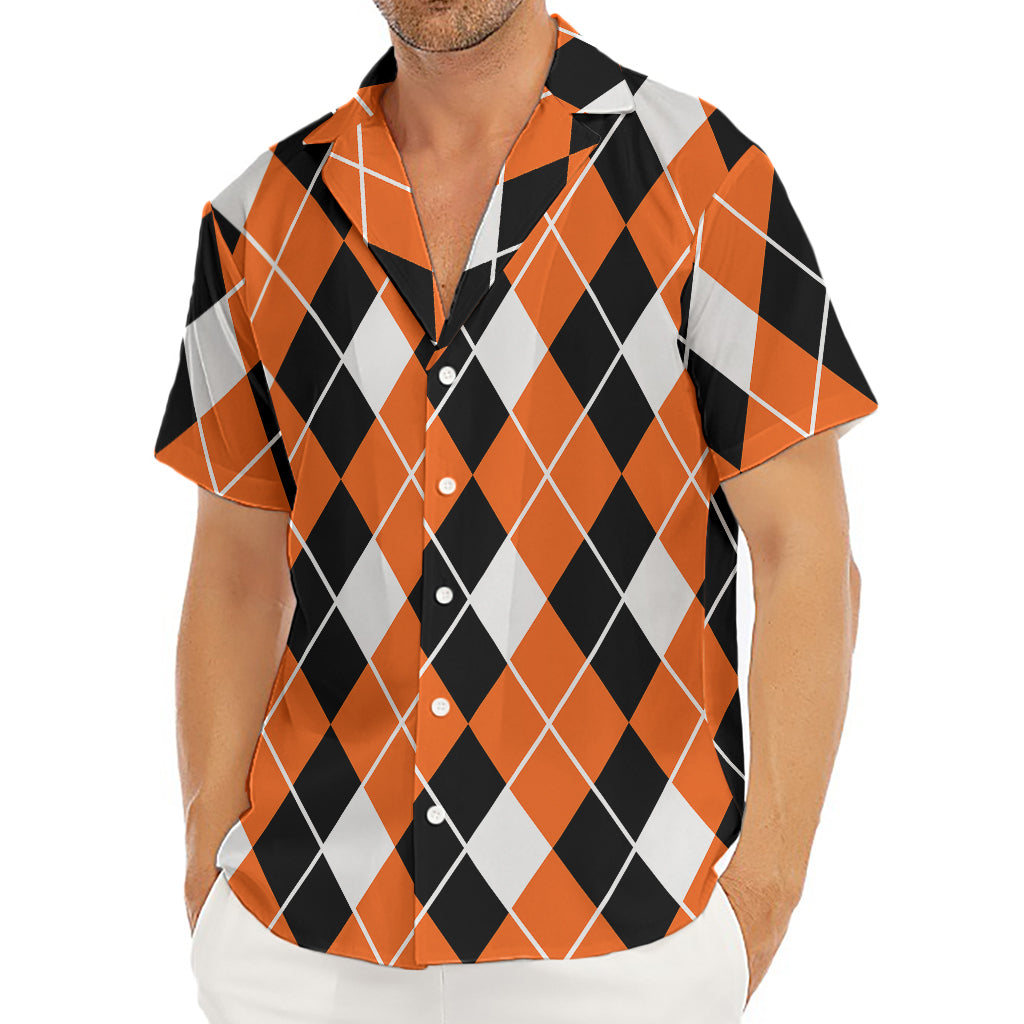 Orange White And Black Argyle Print Men's Deep V-Neck Shirt