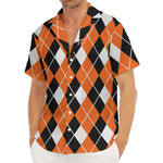 Orange White And Black Argyle Print Men's Deep V-Neck Shirt