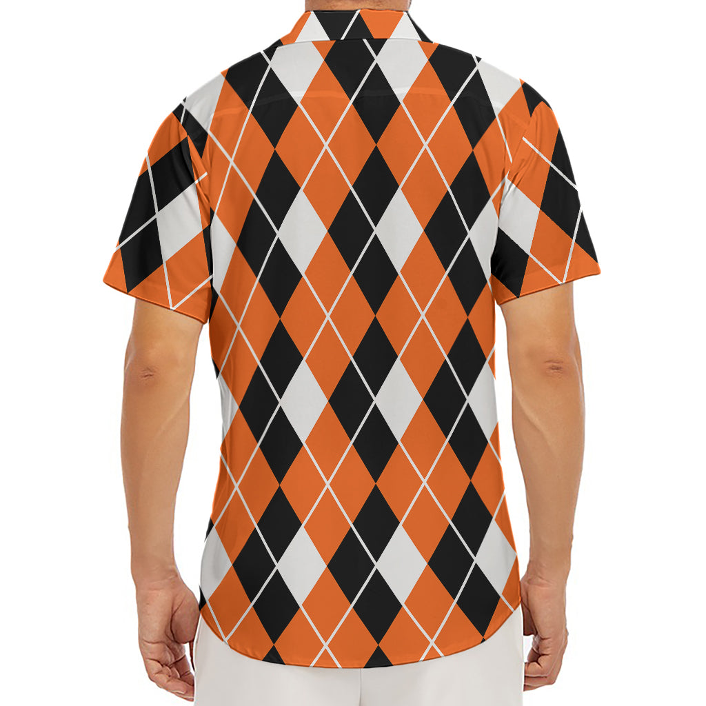 Orange White And Black Argyle Print Men's Deep V-Neck Shirt