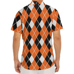 Orange White And Black Argyle Print Men's Deep V-Neck Shirt
