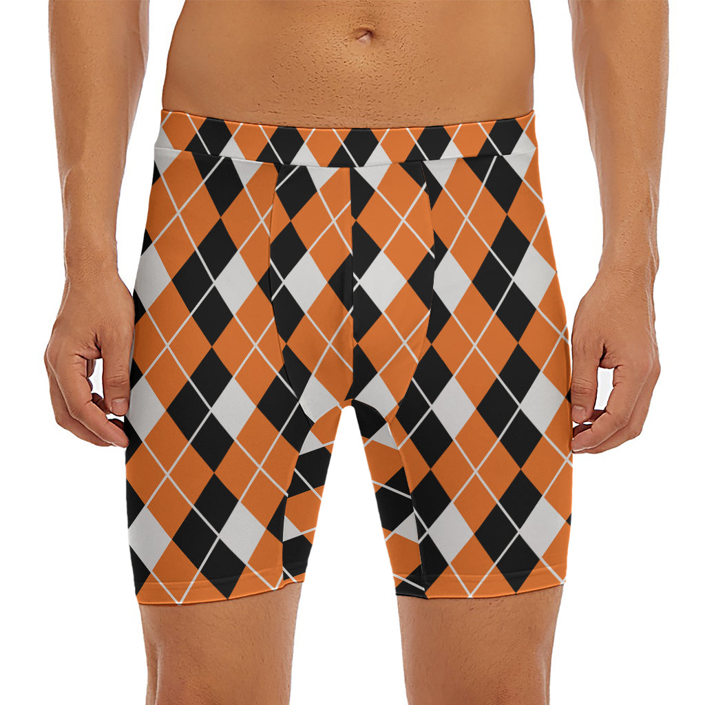 Orange White And Black Argyle Print Men's Long Boxer Briefs