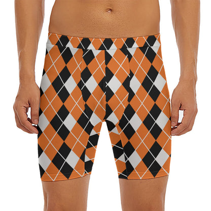 Orange White And Black Argyle Print Men's Long Boxer Briefs