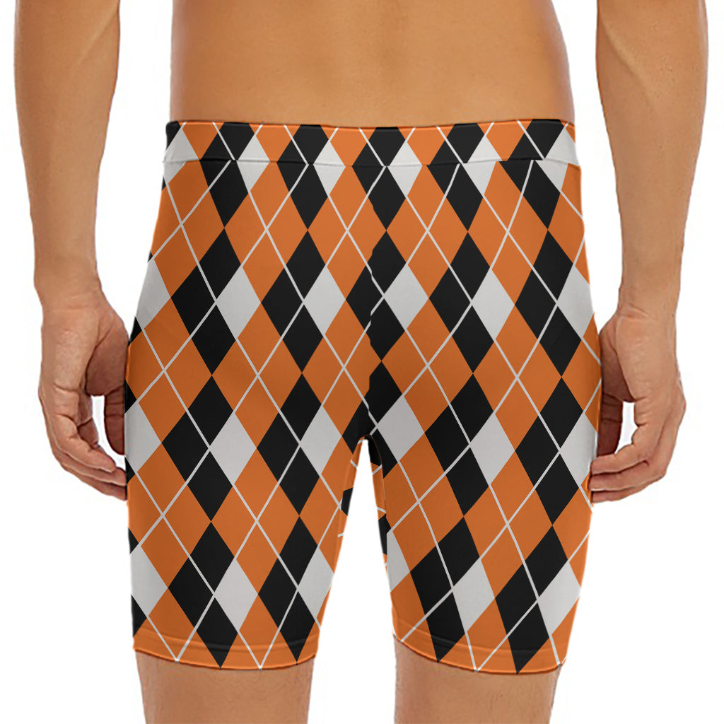 Orange White And Black Argyle Print Men's Long Boxer Briefs