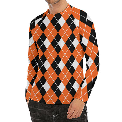 Orange White And Black Argyle Print Men's Long Sleeve Rash Guard