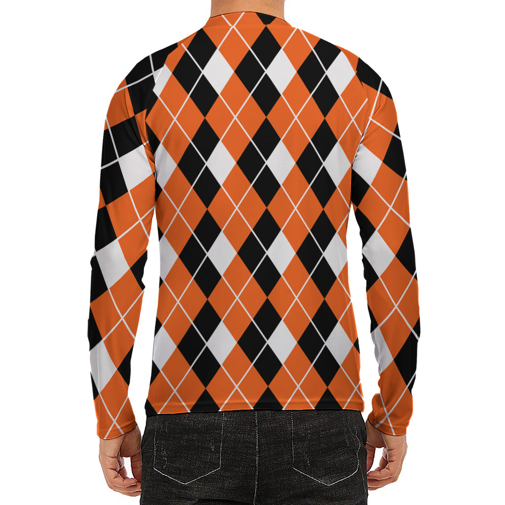 Orange White And Black Argyle Print Men's Long Sleeve Rash Guard