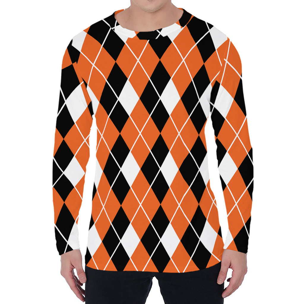 Orange White And Black Argyle Print Men's Long Sleeve T-Shirt