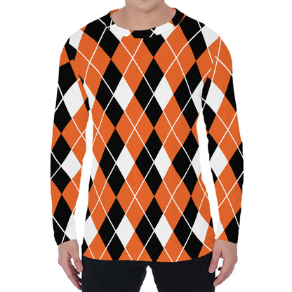 Orange White And Black Argyle Print Men's Long Sleeve T-Shirt