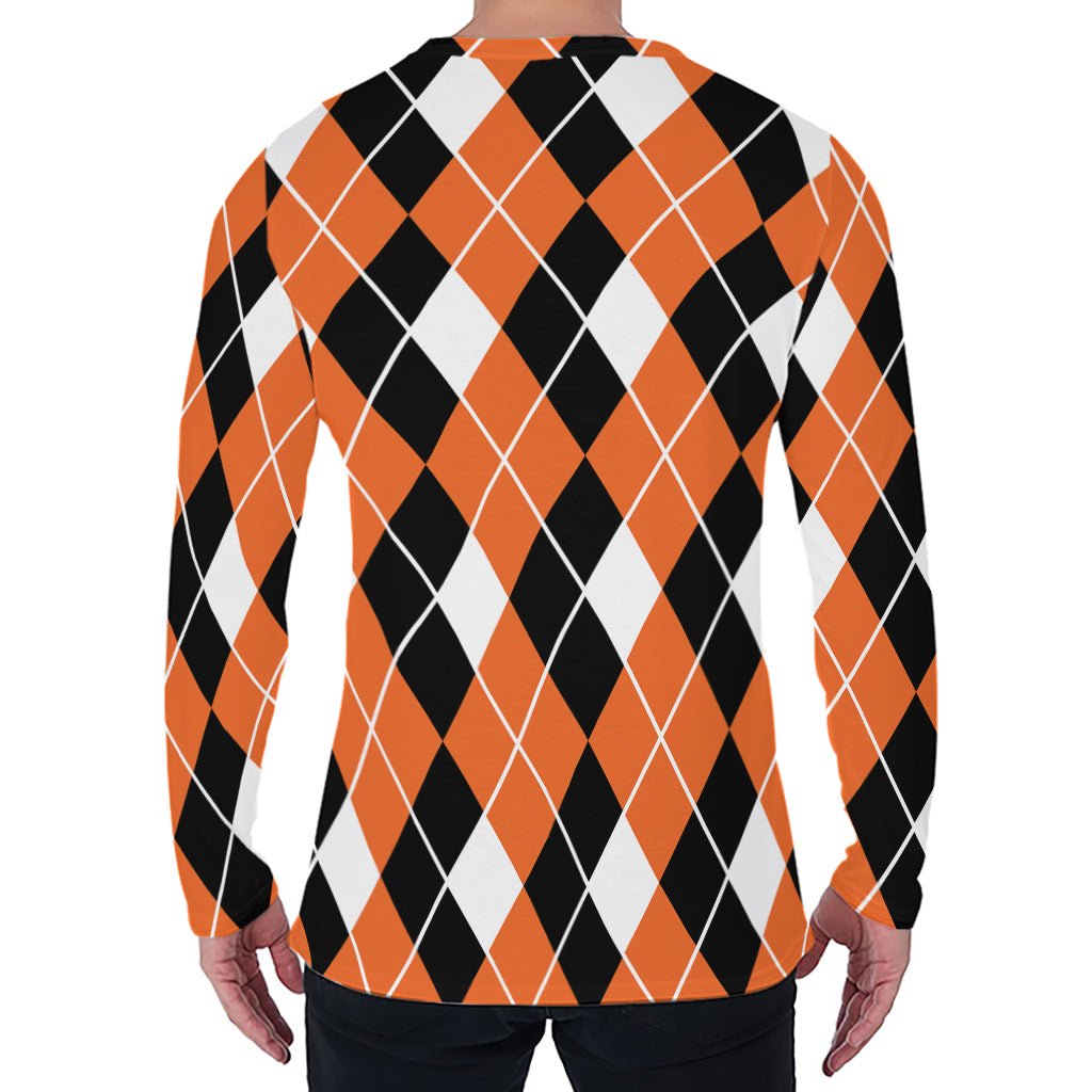 Orange White And Black Argyle Print Men's Long Sleeve T-Shirt