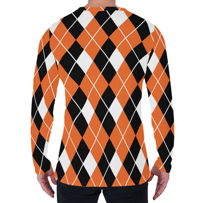 Orange White And Black Argyle Print Men's Long Sleeve T-Shirt