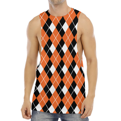 Orange White And Black Argyle Print Men's Muscle Tank Top