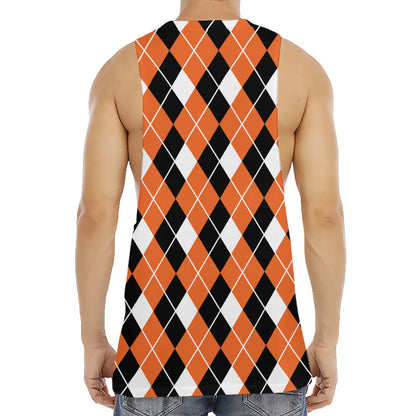 Orange White And Black Argyle Print Men's Muscle Tank Top