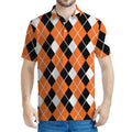 Orange White And Black Argyle Print Men's Polo Shirt
