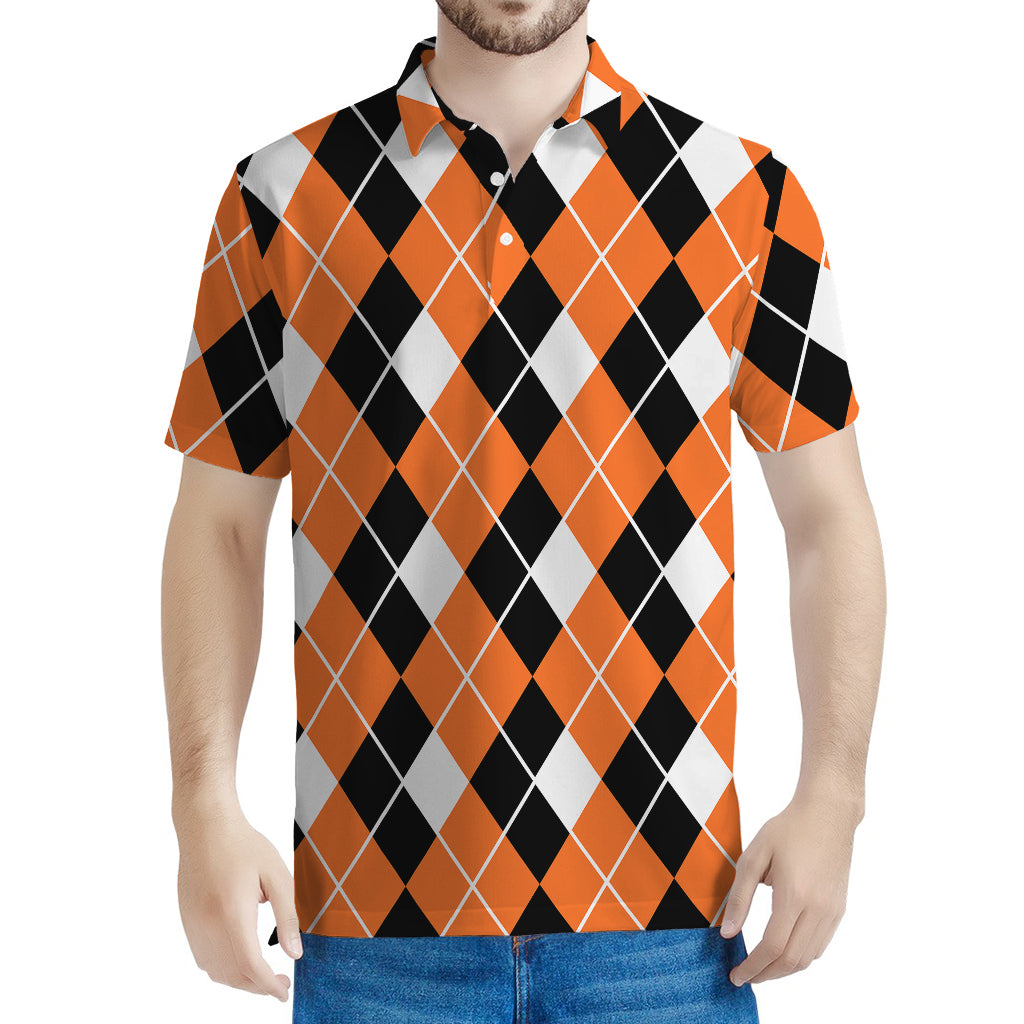 Orange White And Black Argyle Print Men's Polo Shirt