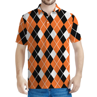 Orange White And Black Argyle Print Men's Polo Shirt
