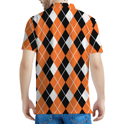 Orange White And Black Argyle Print Men's Polo Shirt