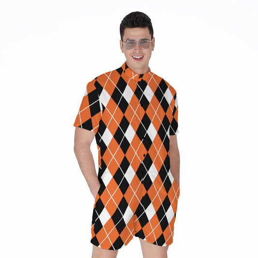 Orange White And Black Argyle Print Men's Rompers