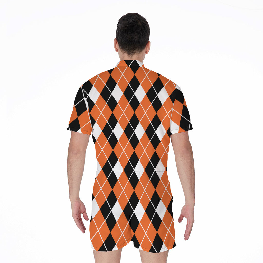 Orange White And Black Argyle Print Men's Rompers