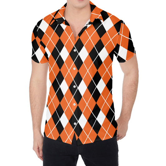Orange White And Black Argyle Print Men's Shirt
