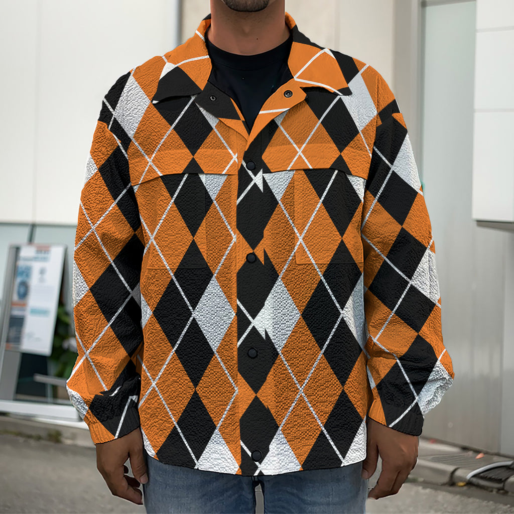 Orange White And Black Argyle Print Men's Shirt Jacket