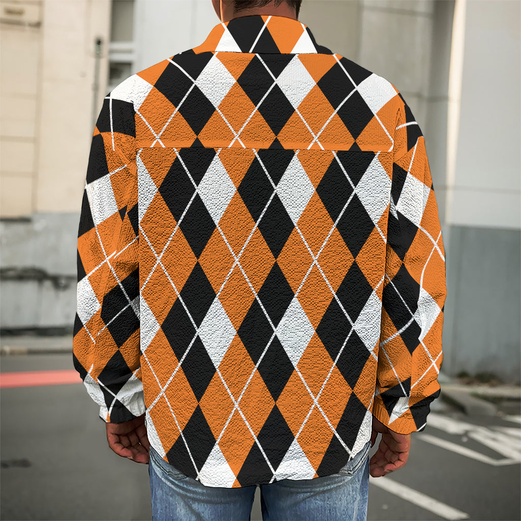 Orange White And Black Argyle Print Men's Shirt Jacket