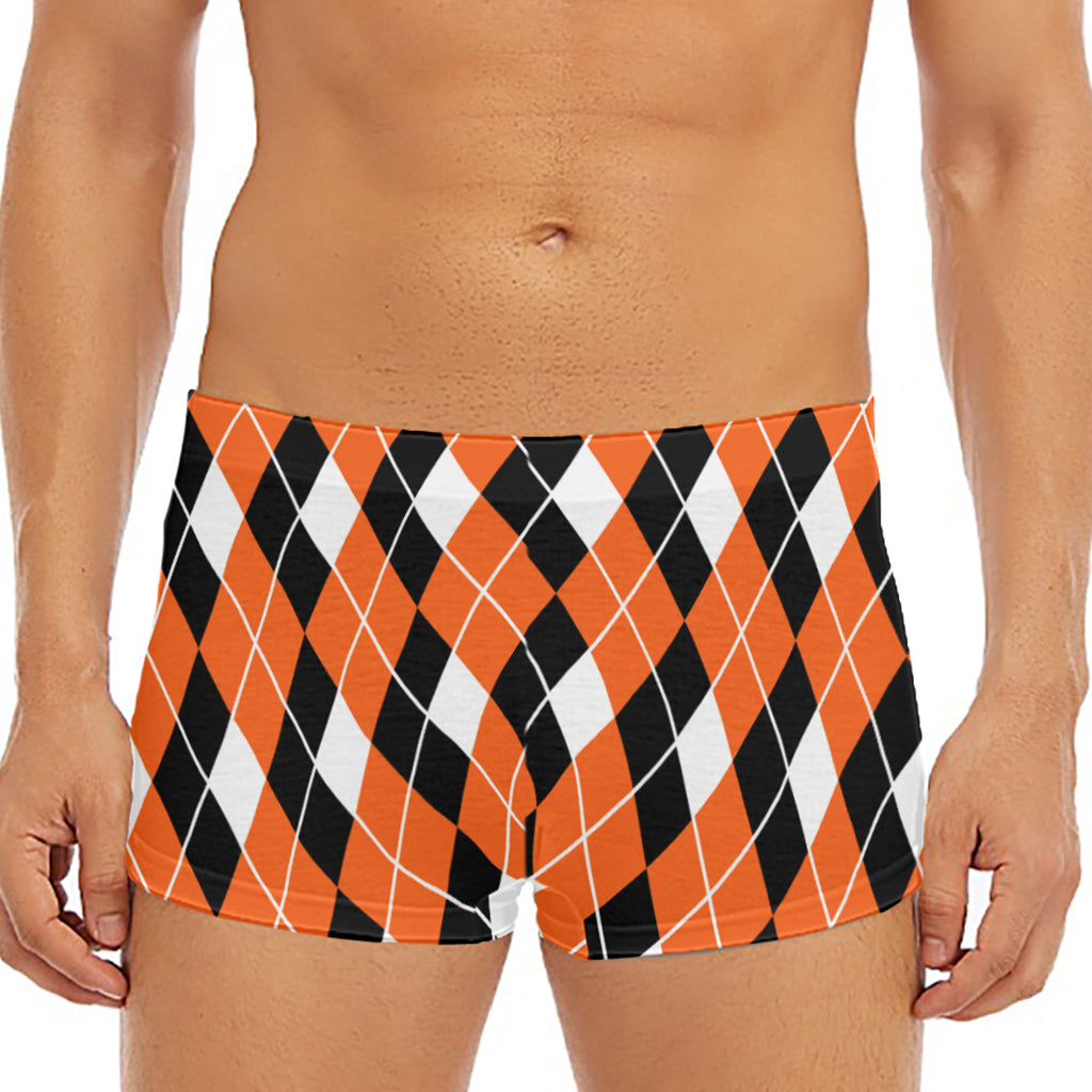 Orange White And Black Argyle Print Men's Short Boxer Briefs