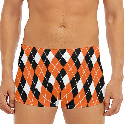 Orange White And Black Argyle Print Men's Short Boxer Briefs