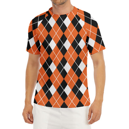 Orange White And Black Argyle Print Men's Short Sleeve Rash Guard