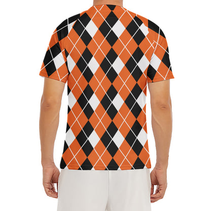 Orange White And Black Argyle Print Men's Short Sleeve Rash Guard