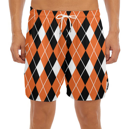 Orange White And Black Argyle Print Men's Split Running Shorts
