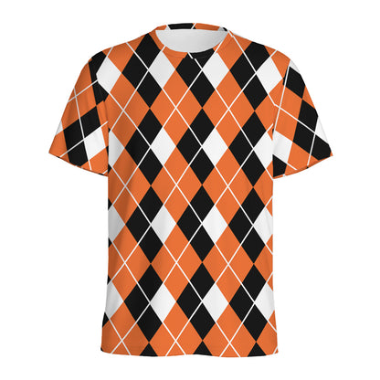 Orange White And Black Argyle Print Men's Sports T-Shirt