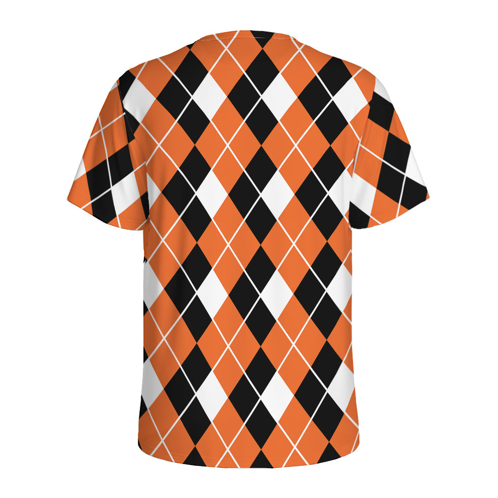 Orange White And Black Argyle Print Men's Sports T-Shirt