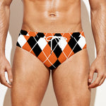 Orange White And Black Argyle Print Men's Swim Briefs