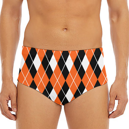 Orange White And Black Argyle Print Men's Triangle Swim Briefs