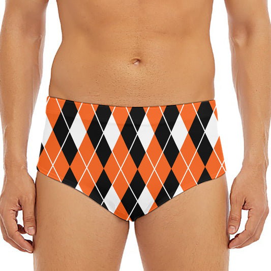 Orange White And Black Argyle Print Men's Triangle Swim Briefs