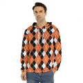 Orange White And Black Argyle Print Men's Velvet Pullover Hoodie